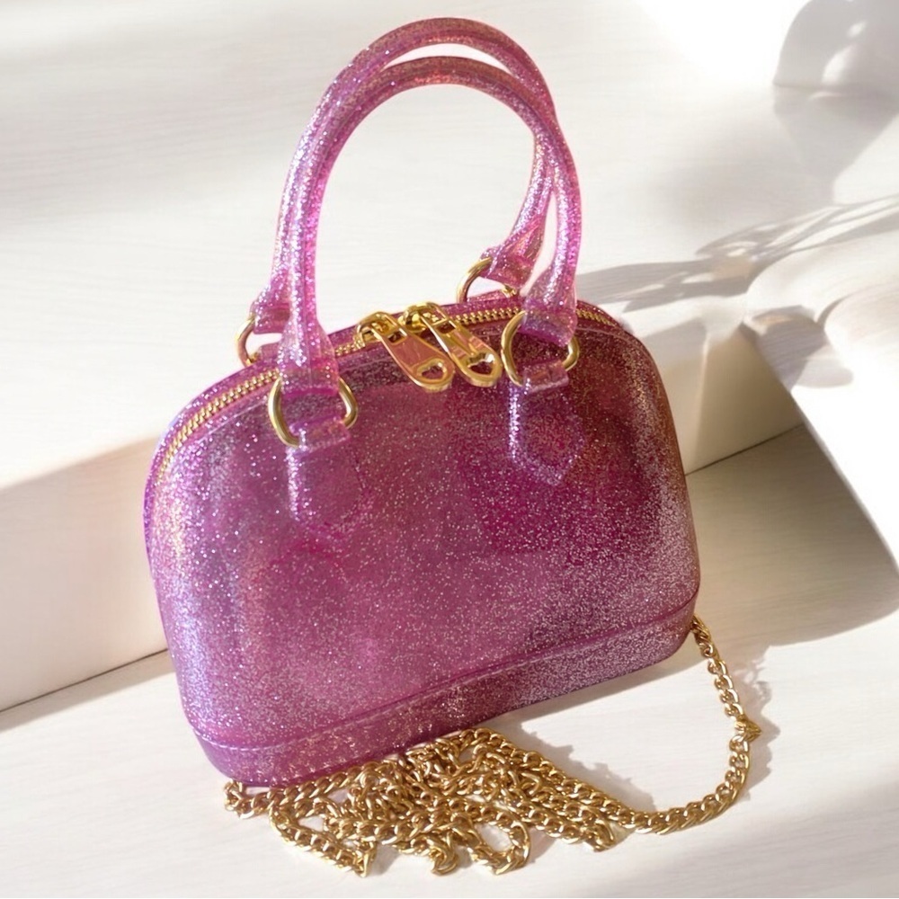 Pink Glitter Jelly Crossbody with 24” Drop Detachable Gold Chain or Handbag NWOT
